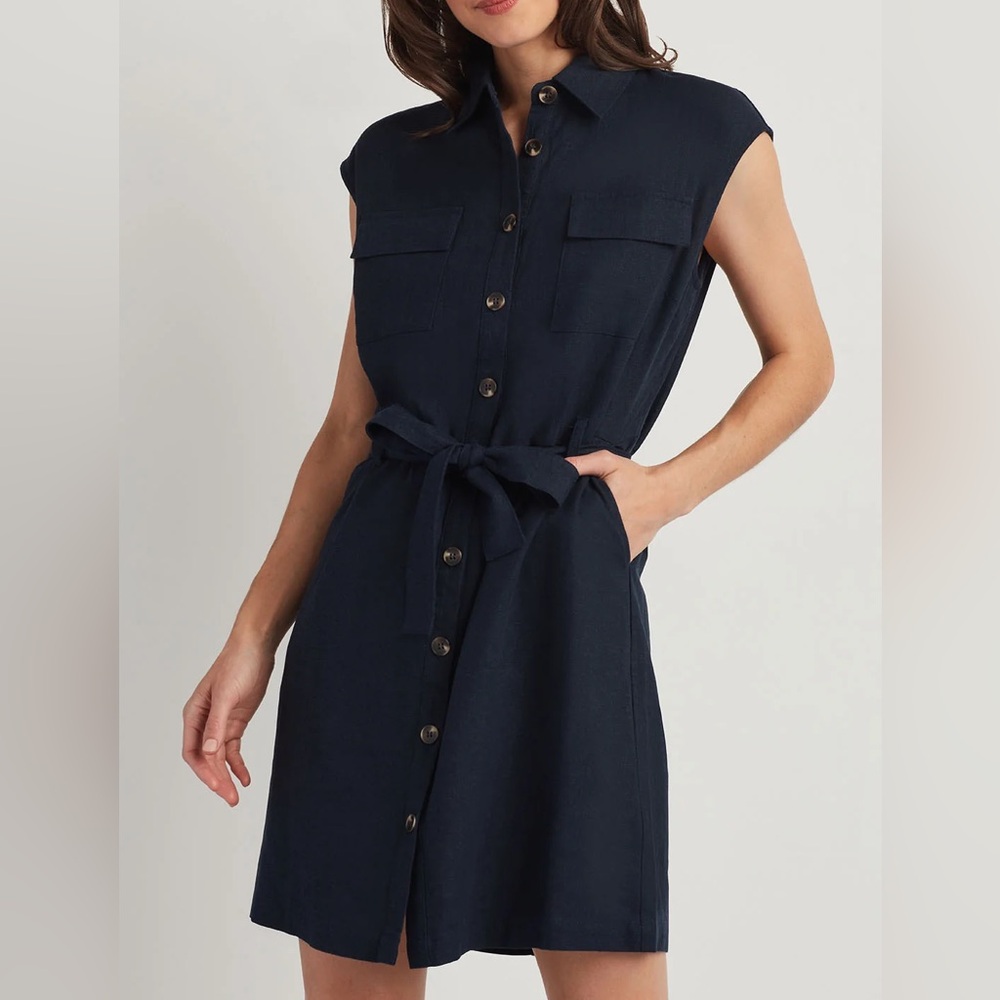 Ellen Tracy Navy Linen Blend Belted Shirt Dress
